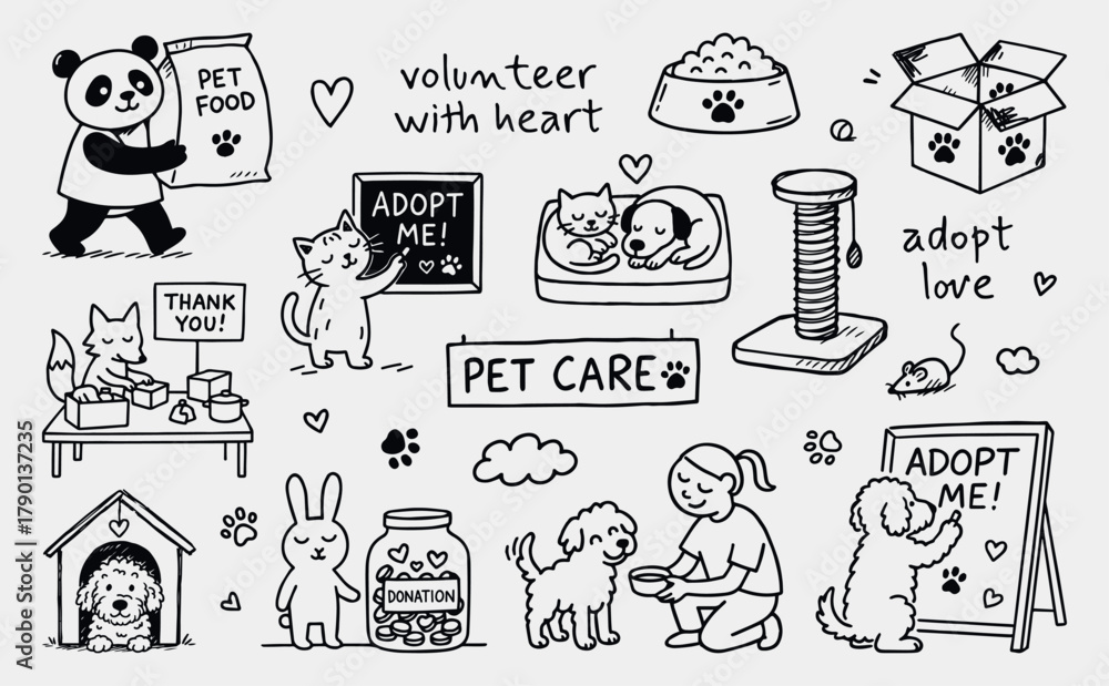 Fototapeta premium Pet adoption illustration set with animals and volunteers for charity posters, donation campaigns, and educational materials, black and white vector