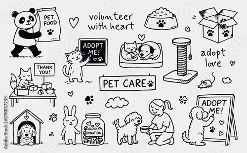 Black-and-white set of illustration of pet care and adoption scene with animals, volunteers, donation jar, vector