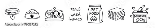 Black-and-white horizontal icons of pet care items, cuddling cats, donation box, and “paws need homes” message, vector