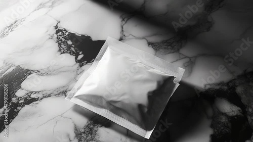 Blank foil sachet packaging on marble surface mockup