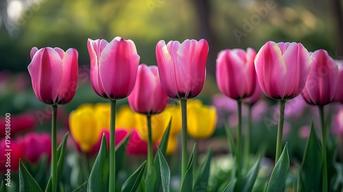 Several pink tulips are growing in a field with blurred yellow and pink flowers creating a colorful floral display!