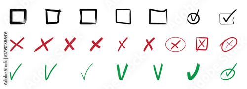Check marks doodle set Vote, yes, no, Grunge brush stroke checkmarks with tick and cross symbols. Green and red grunge style Hand drawn brush marker 