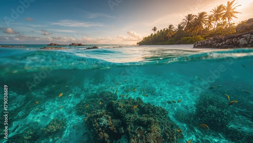 Fototapeta Naklejka Na Ścianę i Meble -  Turquoise Caribbean sea revealing underwater life, showcasing vibrant marine biodiversity