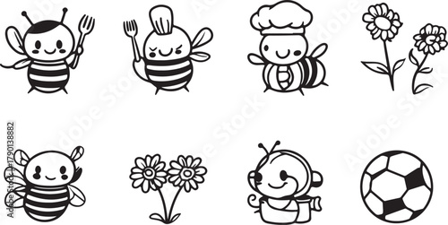 Cartoon set of funny animal and flower vector icons for children's coloring book design and illustration