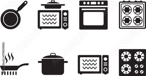 Kitchen Appliance Icons – Black and White Cookware Symbols for UI and Culinary Design