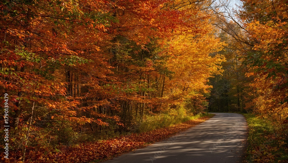Obraz premium Vibrant Orange and Yellow Leaves in a Forest by a Rural Road, Seasonal Change