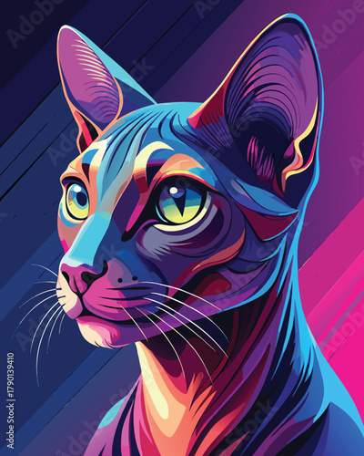Mystical Indigo and Magenta Cat Portrait Vector Art
