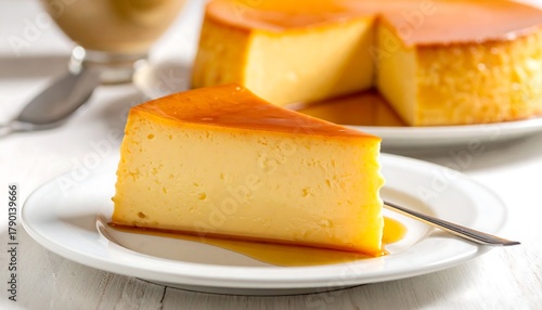 A Delicious Slice of Caramel Flan Dessert Placed on a White Plate for Culinary Delights