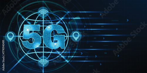 5G symbol new wireless internet wifi connection. Fifth innovative generation of the global high speed Internet network background.
