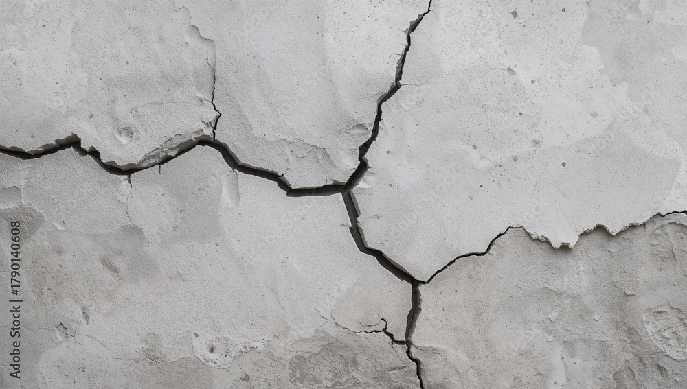 Obraz premium Long winding crack in the wall, damaged concrete surface exhibiting erosion risk