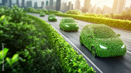 Eco-Friendly Cars on Green Roadway with Shrubs