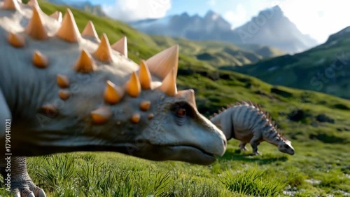 Stegosaurus urus family grazing in a lush green valley with mountains in the background, peaceful prehistoric landscape