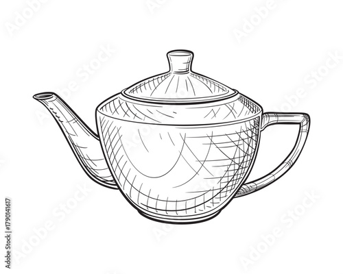 Tea kettle. Vector hand drawn illustration of teapot in engraved style. Ceramic household kitchen utensils. Black and white sketch isolated on white background