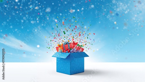 Open gift box against a bright blue sky, a symbol of surprise and joy