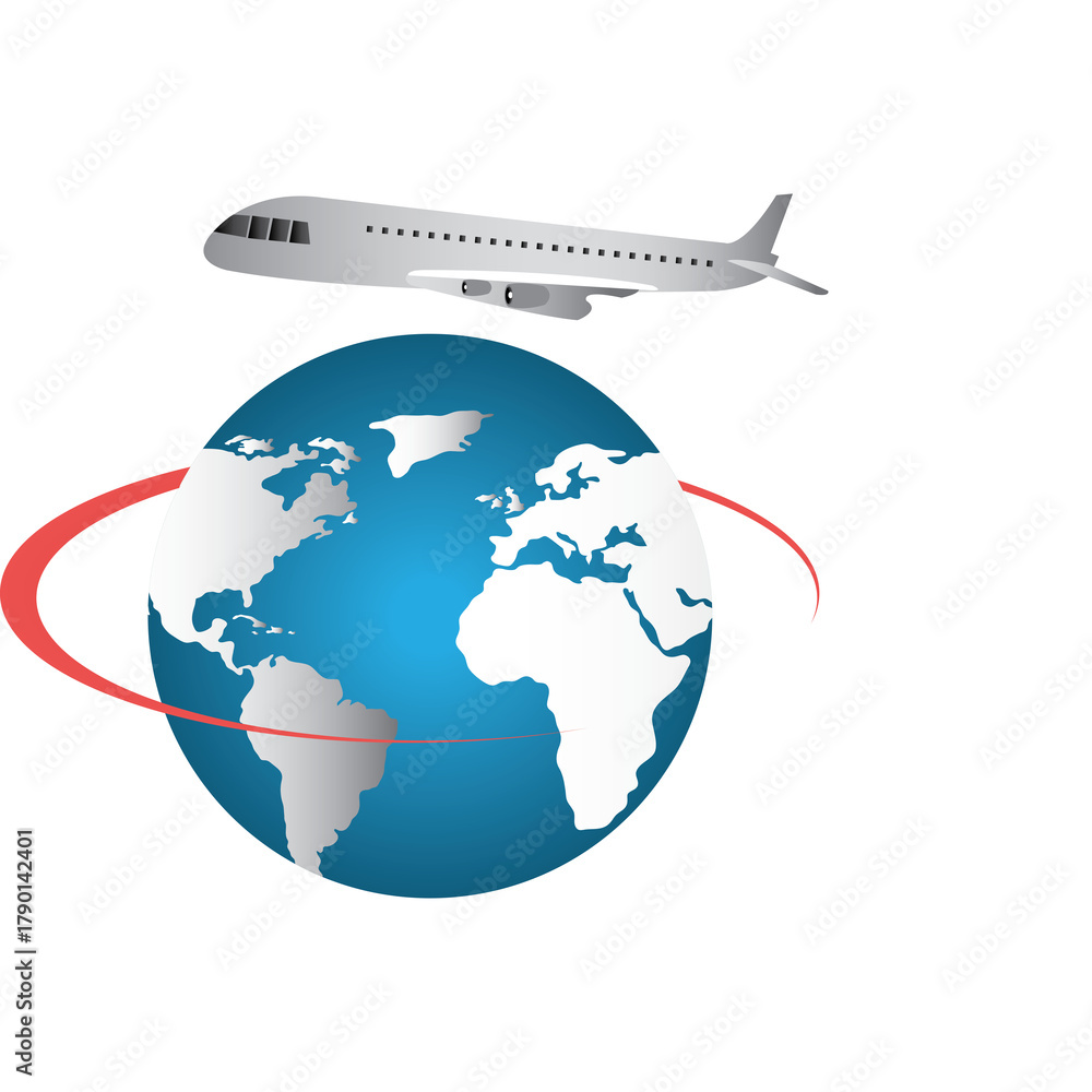 Fototapeta premium Silver Airplane Flying Over Blue Globe With Red Orbit Path On Transparent Background