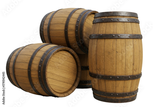 Bild auf Leinwand Isolated grouping of weathered wooden barrels for wine or ale aging, in a stack
