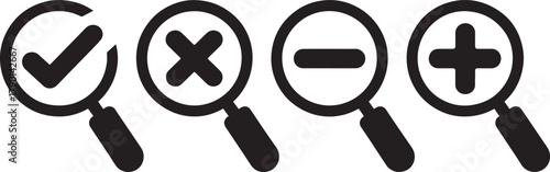 Magnifying glass with check, x, minus, plus icons