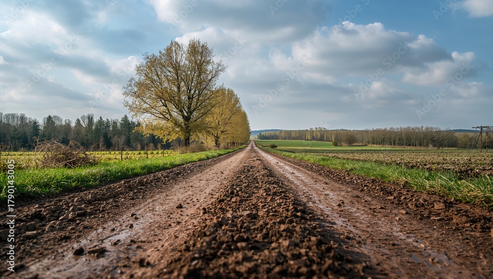 Fototapeta premium Mud on a rural road in agricultural fields, erosion risk