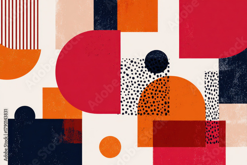 Abstract geometric shapes in red, navy, and orange pattern