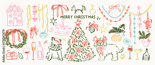 Christmas whimsical set of icons. Hand drawn holiday Christmas tree with bow, house, wreath, cute dogs. Xmas winter garland, party disco ball sketch illustration