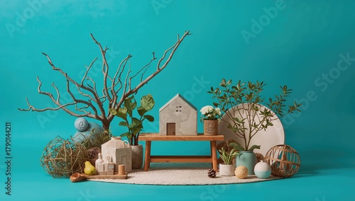 Fototapeta Naklejka Na Ścianę i Meble -  Placement of objects within a studio on a colored backdrop, suitable for editorial layout