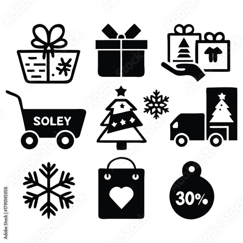 Black monochrome icon set of 30 Christmas gift & shopping symbols—from boxes, tags and carts to delivery trucks—ideal for e-commerce, marketing & holiday campaigns.