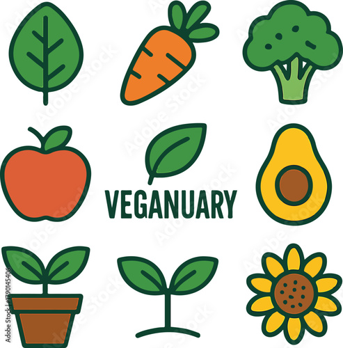 Celebrate Veganuary with fresh produce icons and plant based lifestyle, perfect for healthy eating campaigns and promoting veganism in January