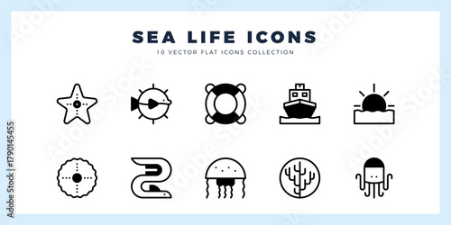 10 Sea Life Lineal Fill icons pack. vector illustration.