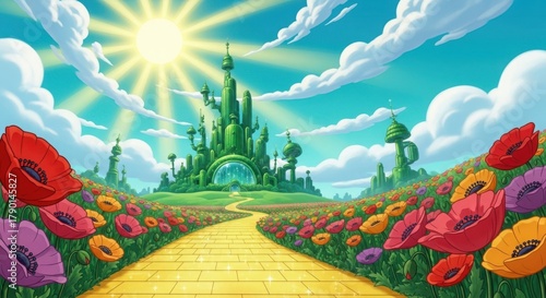 Fototapeta Naklejka Na Ścianę i Meble -  The emerald city of oz with a yellow brick road and colorful flowers