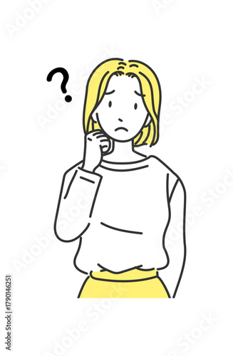 オフィスカジュアルの女性 悩む表情（イエロー）