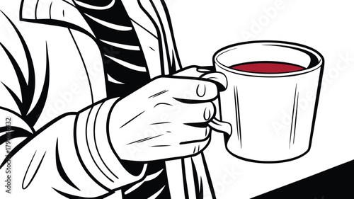 A hand holding a white mug filled with a dark liquid against a white background in a graphic style image