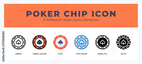 Poker chip icon symbol set. outline. glyph black. flat color and filled line color.