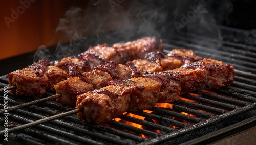 Fototapeta Naklejka Na Ścianę i Meble -  Shish Kebab, pieces of pork or lamb being grilled over charcoal, protein-rich meal