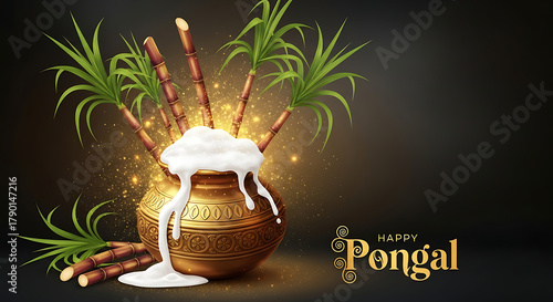 A vibrant pongal celebration featuring a traditional pot overflowing with rice, sugarcane stalks, and lush greenery, capturing the essence of this auspicious harvest festival