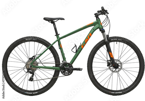 Isolated mountain bike with green frame is ready to ride in outdoor environment for exercise