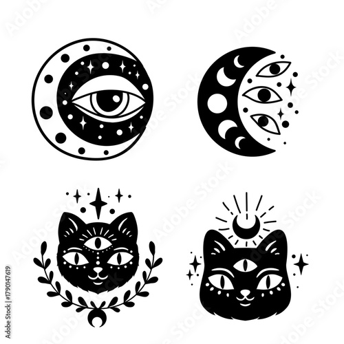 Mystical boho celestial set, Vector illustration. Flower moon, Eye, Hand drawn logo, line art, Halloween