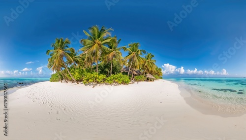 Fototapeta Naklejka Na Ścianę i Meble -  View of a tropical island featuring coconut palm trees on a sandy beach, ideal for relaxation and leisure