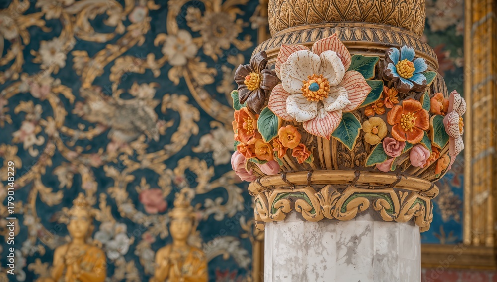 Ornamental ceramic flowers adorn a pavilion, showcasing intricate craftsmanship, cultural heritage