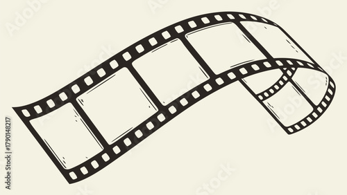 A curved film strip illustration showing blank frames and sprocket holes on a light background drawing art