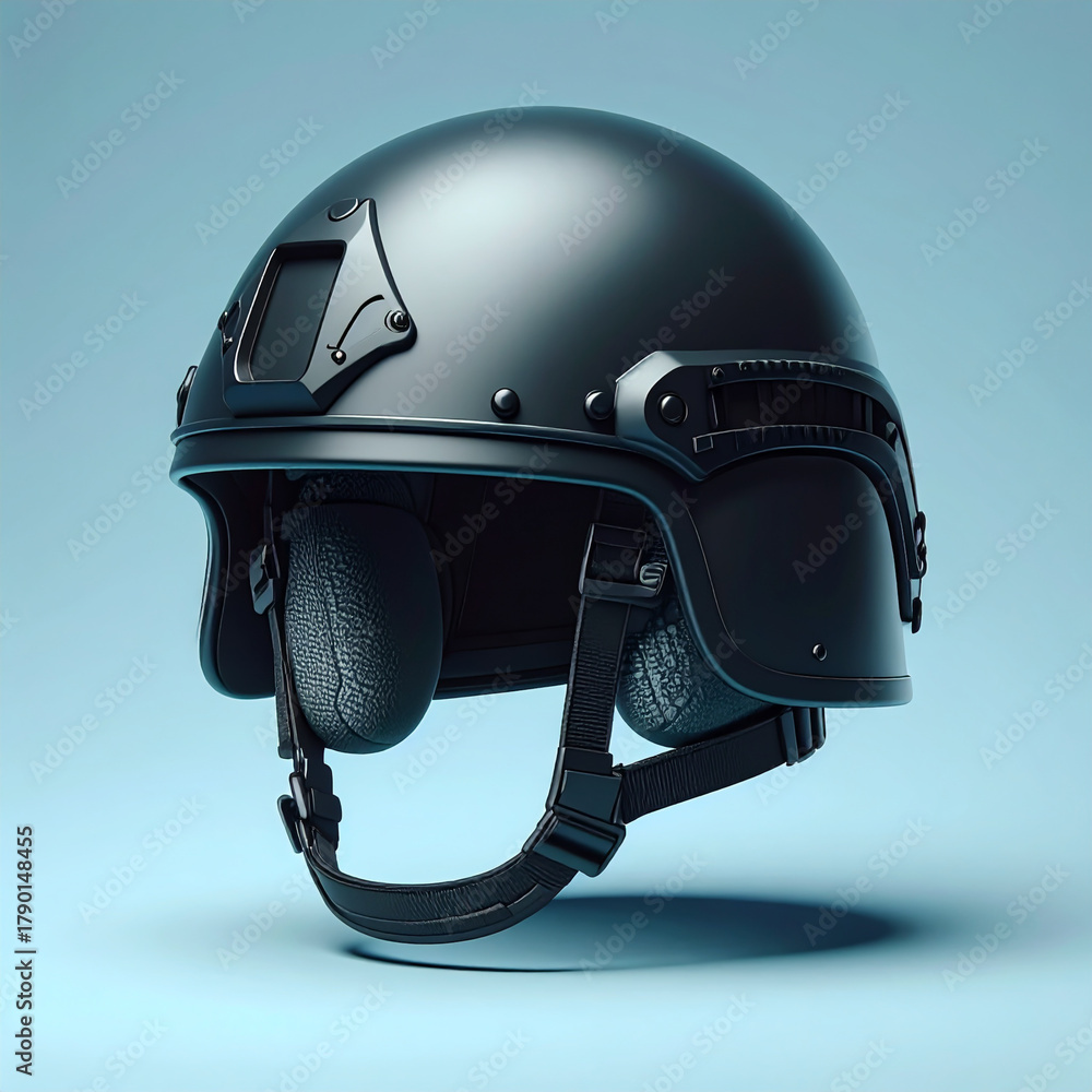 Fototapeta premium Futuristic Tactical Army Helmet with Mounted Device and Vent Panels for Defense Mockups