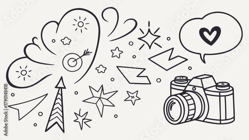 A black and white drawing of a camera with a heart in a speech bubble and other abstract shapes around it
