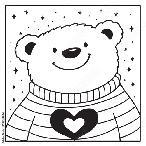 Cute Bear in Cozy Sweater Coloring Page. A smiling bear with a heart sweater surrounded by stars in a simple black-and-white line art style.
