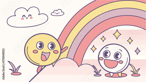 Cartoon illustration featuring happy yellow and white characters with a rainbow and clouds in the background