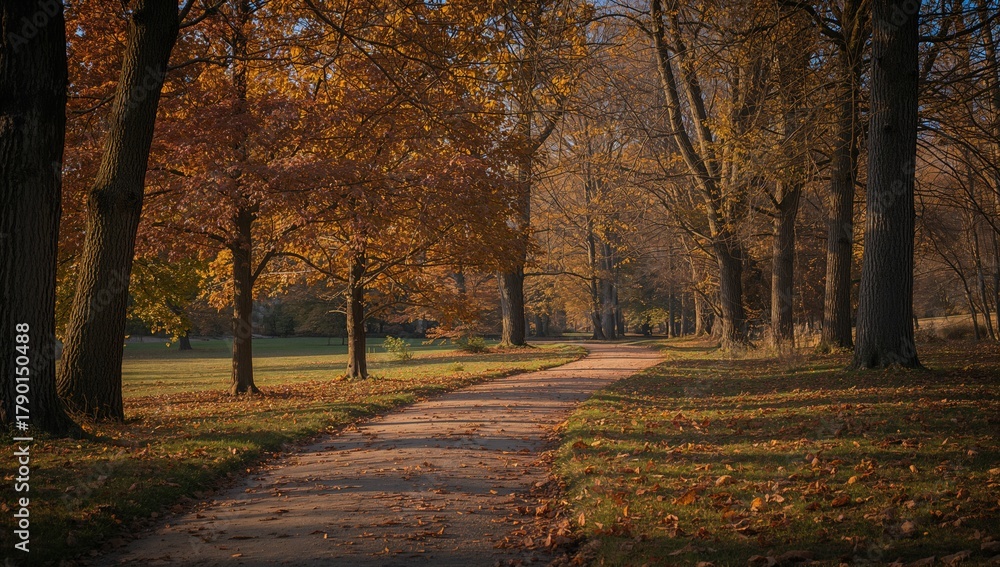 Naklejka premium Serene stroll through autumn trees, seasonal change