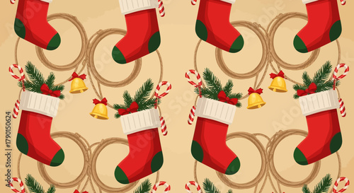 A festive seamless pattern displays traditional red Christmas stockings, evergreen sprigs, candy canes, and golden bells on a rustic background.