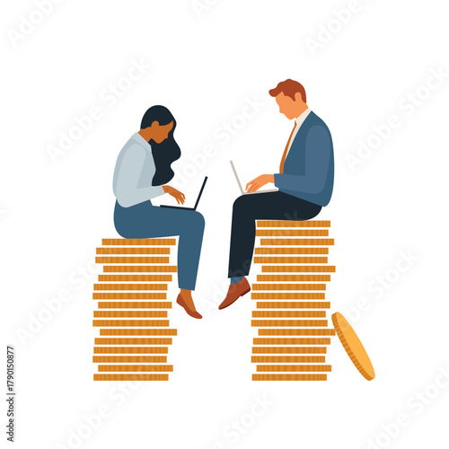 Salary gap. Office workers sitting on coins stacks, businessman and businesswoman wage inequality flat vector illustration set. Income inequality concept