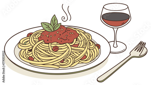A delicious plate of spaghetti with tomato sauce and basil next to a glass of red wine and silverware set