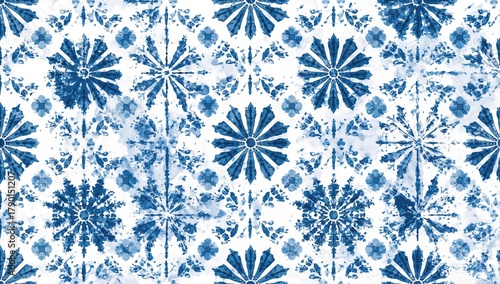 Tie dye shibori seamless design, watercolor indigo blue patterns on white, textile print background