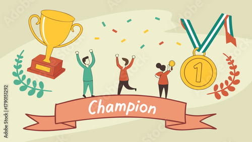 Illustration of a golden trophy and medal with people celebrating a champion achievement and confetti