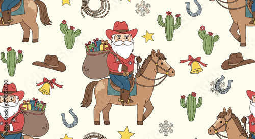 A festive seamless pattern features a cheerful cowboy Santa Claus riding his trusty horse, delivering presents amidst Western desert elements and holiday decorations.